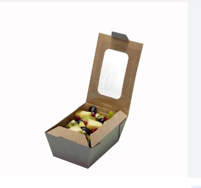 Picture of Bioflute Kraft salad and food box, with window display. Small size 26oz, 740ml. 450 per case.