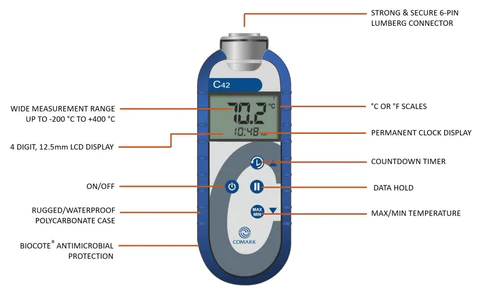 Picture of Calibrated Probe, 12 month Certification Included. Comark C42C Thermometer with PT24L/C Penetration Probe Traceable