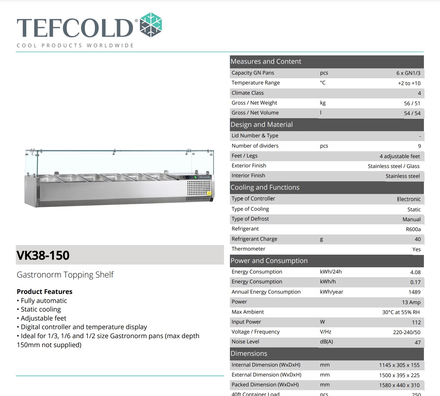 Picture of Tefcold Gastronorm Topper Shelf, 6x 1/3 Gastro spaces.