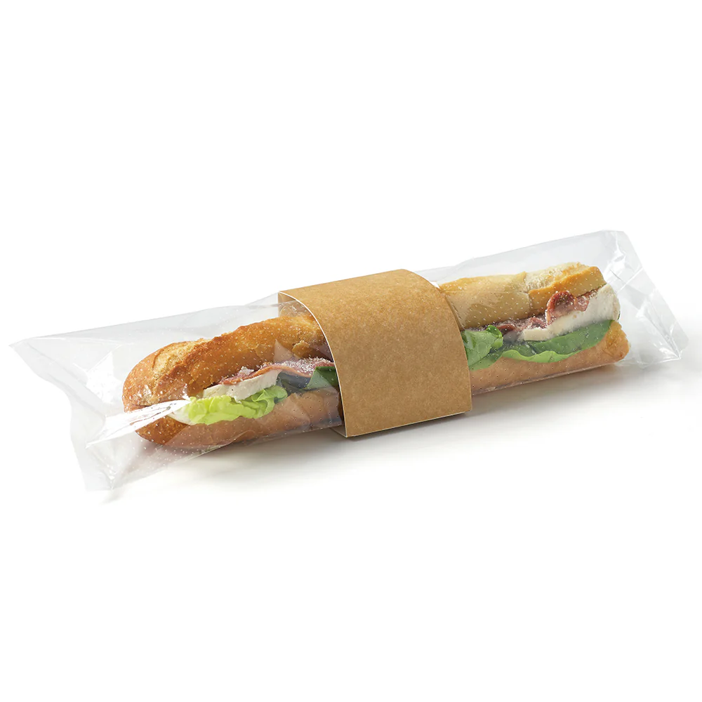 Picture of Baguette Wrap, HandRAP with vents for long sandwiches, Brown Collar Clear Film 1,000pk