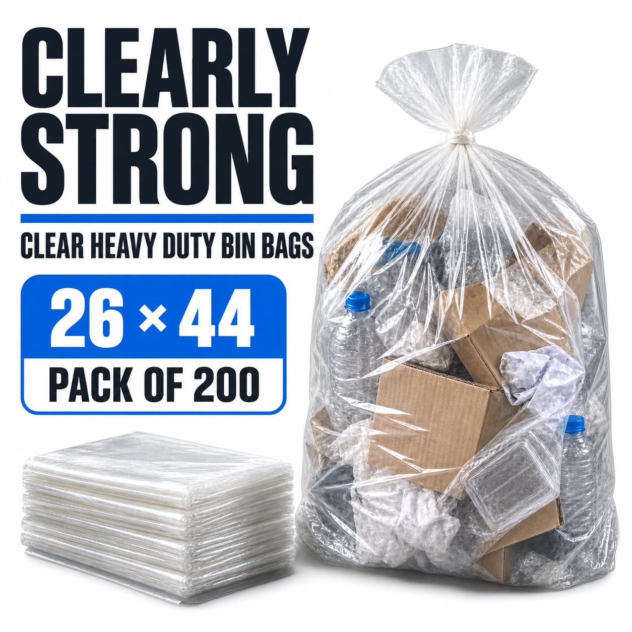 Picture of Clearly Strong Clear Heavy Duty Bin Bags – 26 × 44" – Pack of 200
